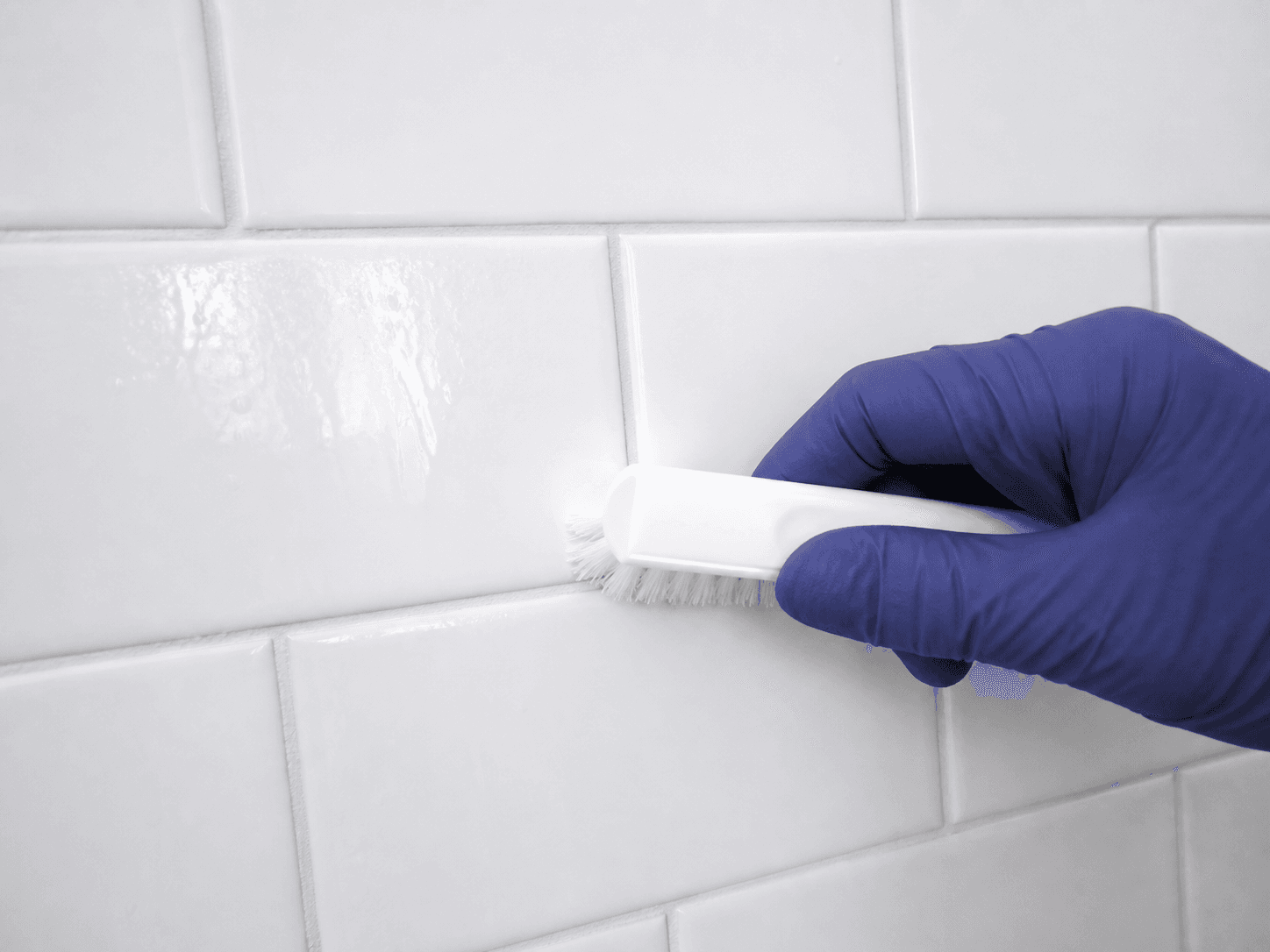 Indigo-gloved hand deep cleaning white tile and grout